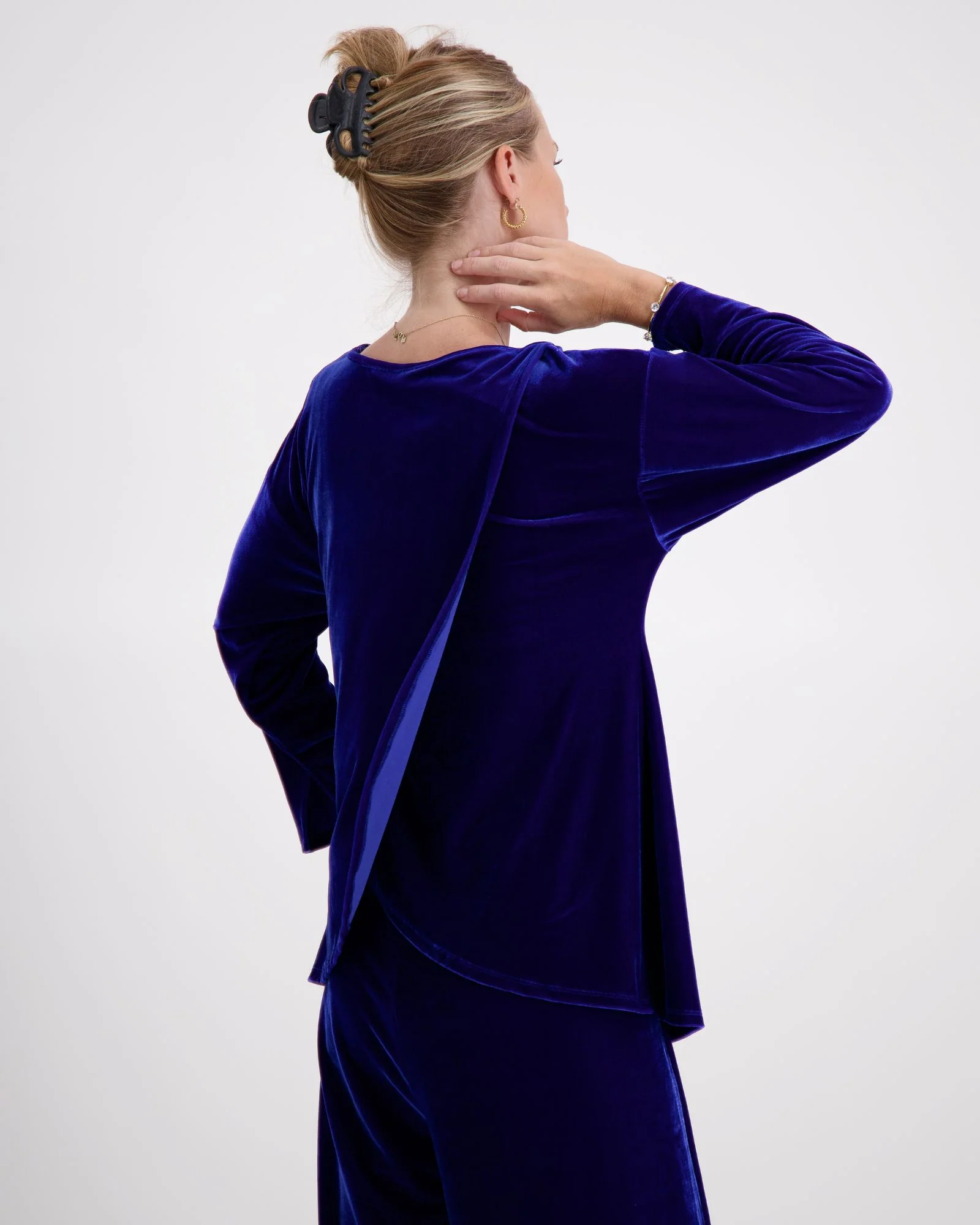 Midnight blue velvet evening wear with boat neck adaptive top for seated wearing